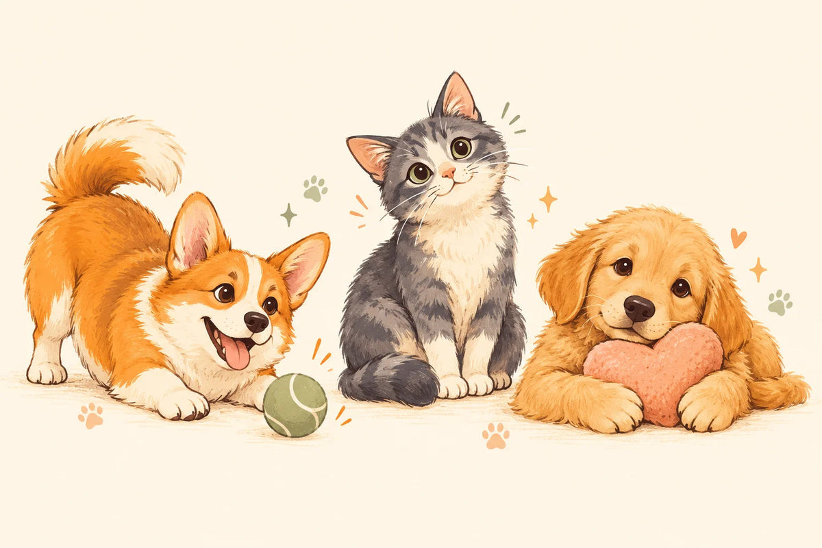 A playful corgi, a curious cat and a cuddly puppy showing their different personalities.