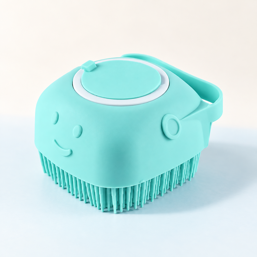 Aqua Blue Pawtique LatherPal shampoo-dispensing pet bath brush