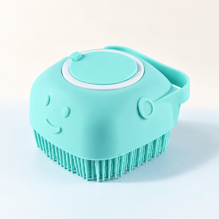 Aqua Blue Pawtique LatherPal shampoo-dispensing pet bath brush