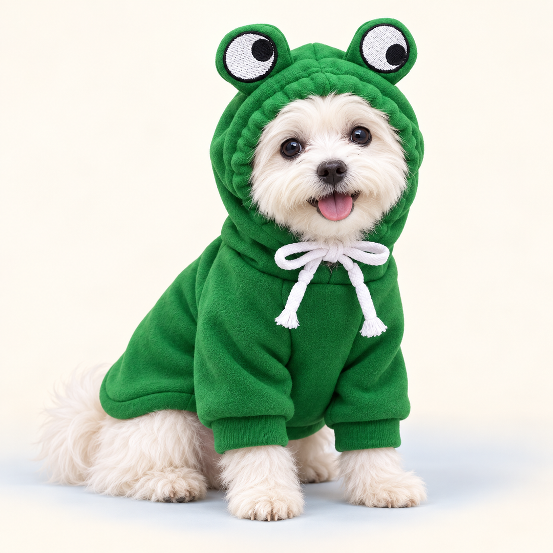 Pawtique FrogHop fleece dog hoodie in frog green, front three-quarter view