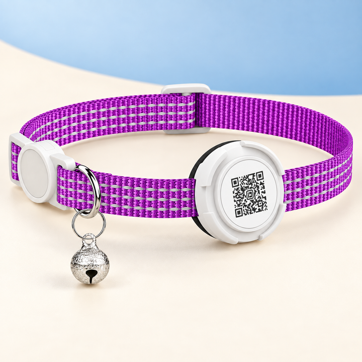Purple Pawtique FindMe reflective AirTag-compatible QR breakaway cat collar