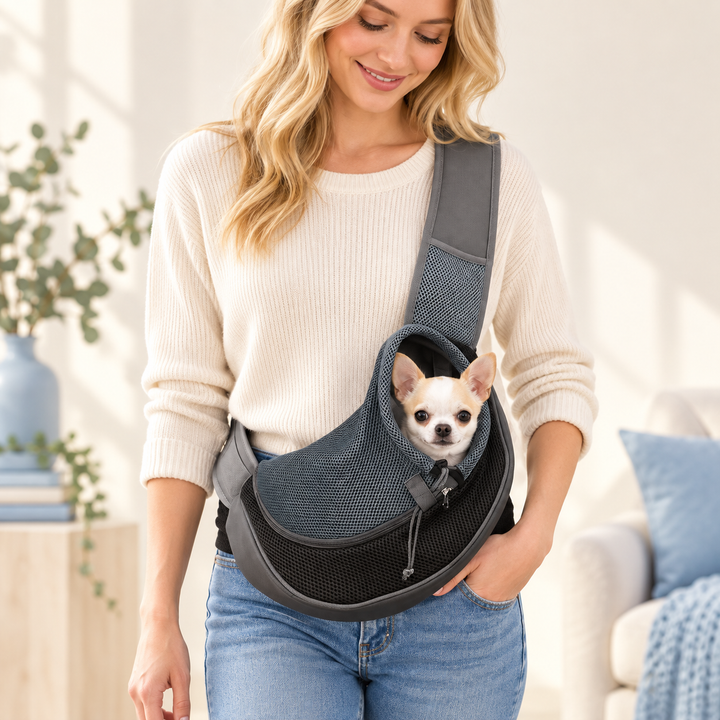 Pawtique CloseNest Reflective Pet Sling S size with a small Chihuahua