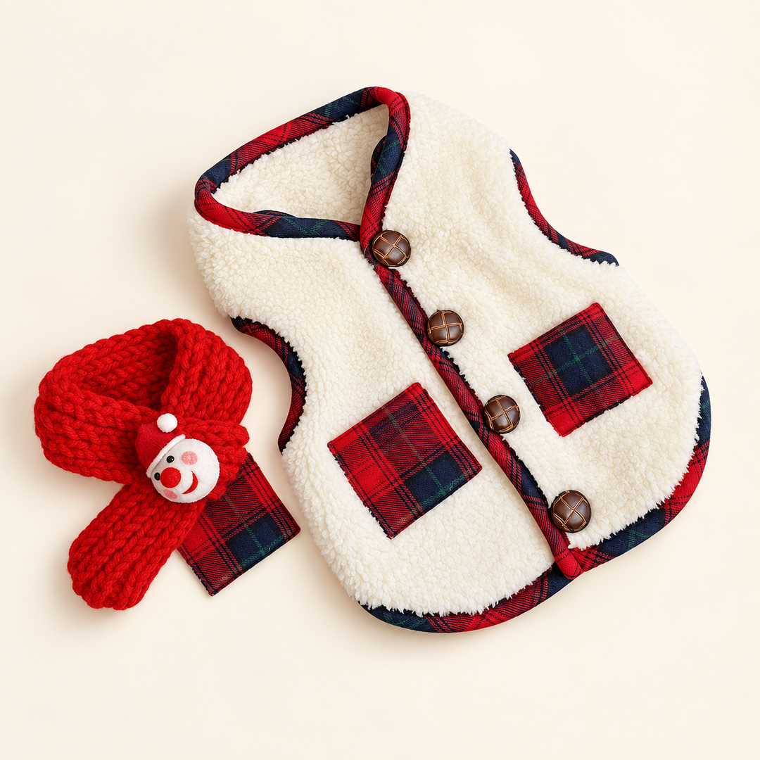 Pawtique plaid sherpa dog vest and red scarf set in ivory