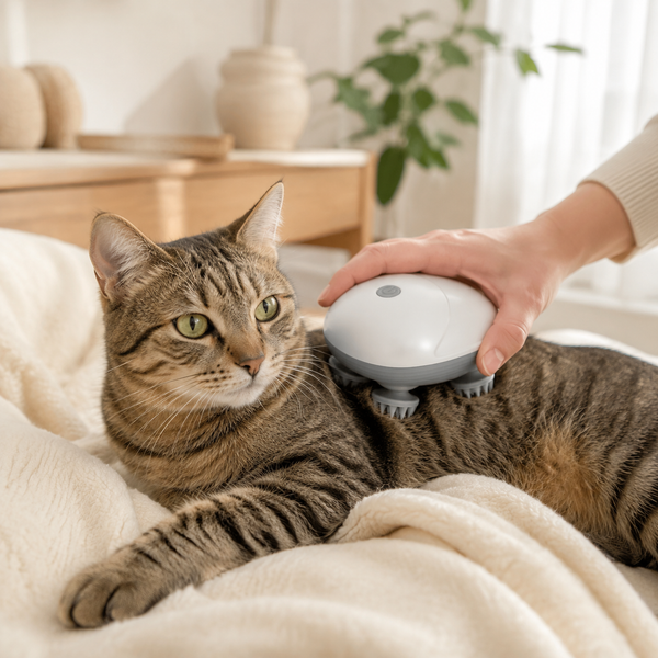 Rechargeable pet massage brush used gently on a cat's upper back