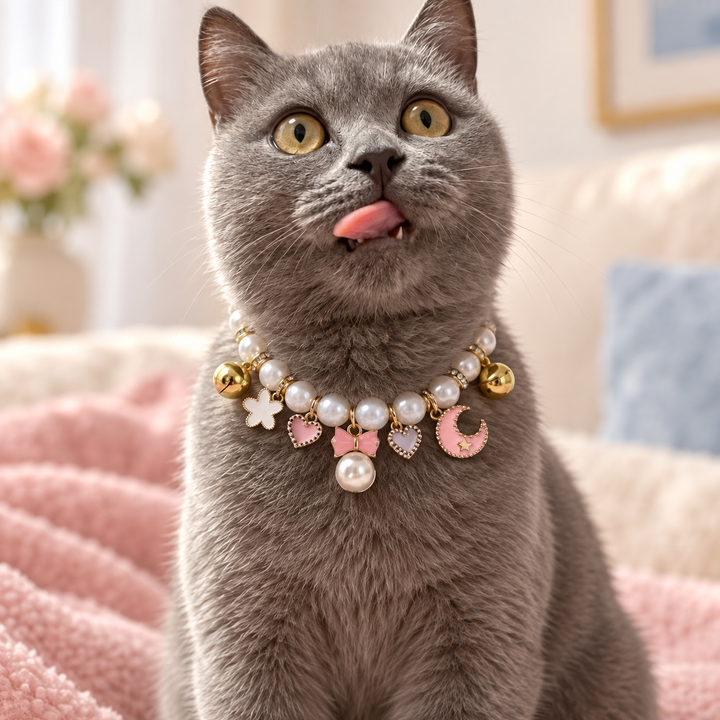 Gray cat wearing the Pawtique Moonbow pearl charm pet necklace