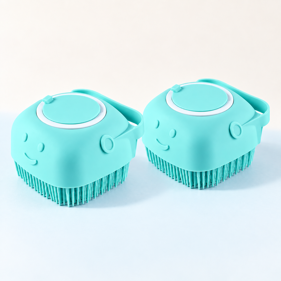 Two Aqua Blue shampoo-dispensing pet bath brushes