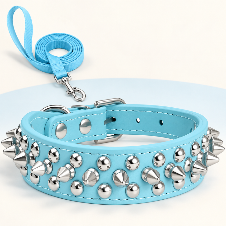 Pawtique RivetEdge blue spiked dog collar and matching leash set