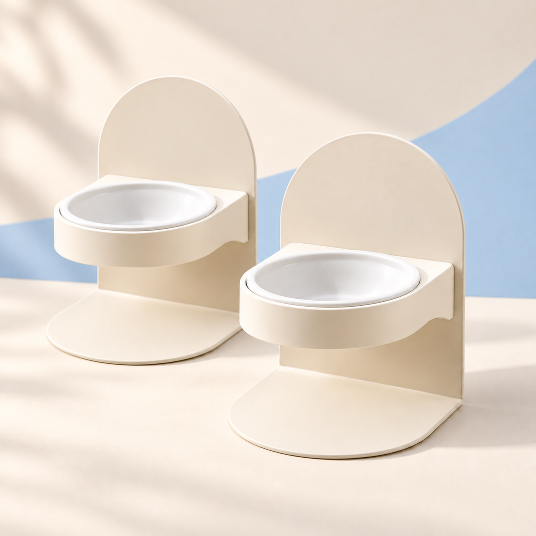 Two Pawtique FlexDine adjustable elevated ceramic cat bowl sets