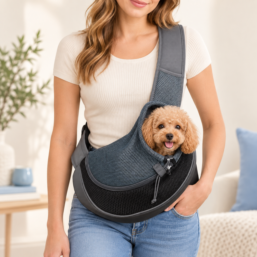 Pawtique CloseNest Reflective Pet Sling M size with a toy poodle