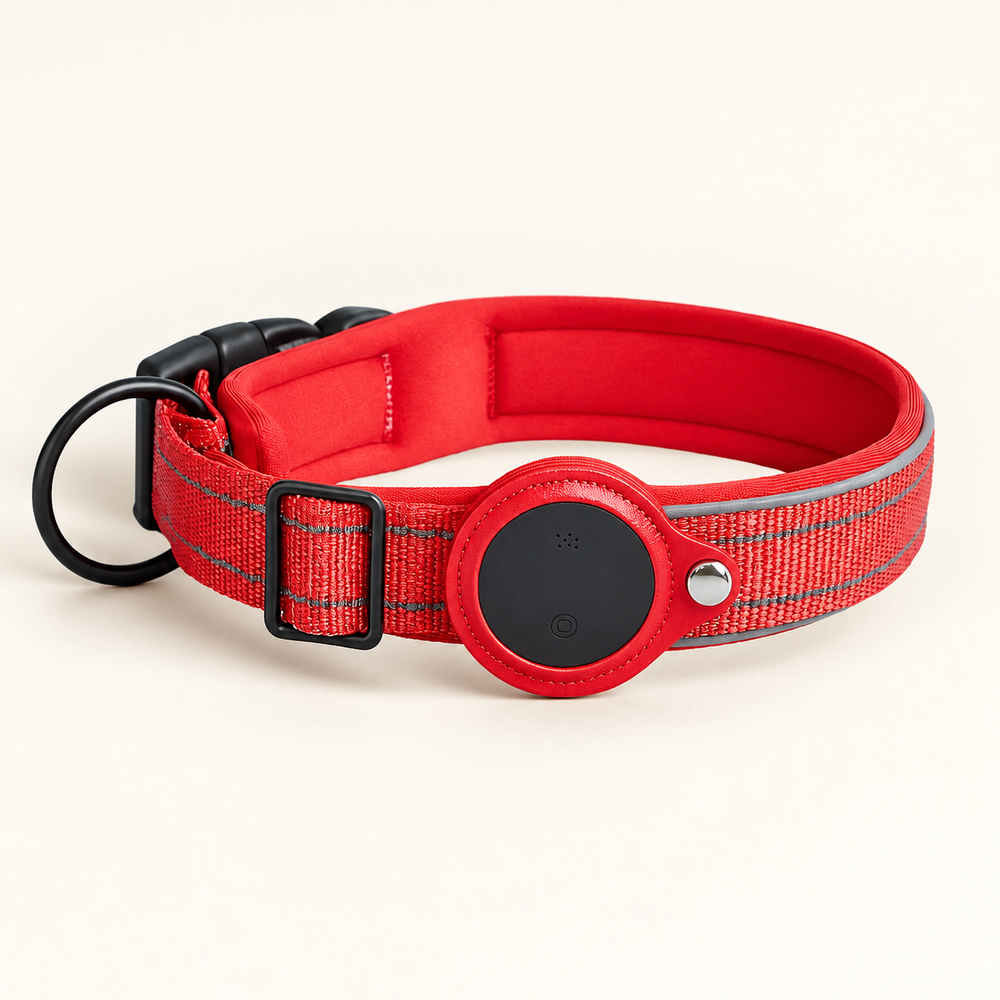 Red Pawtique TraceTag reflective smart finder collar with round finder tag