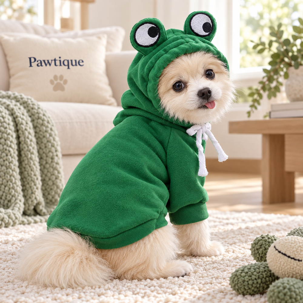 Small dog wearing the Pawtique FrogHop green frog hoodie at home