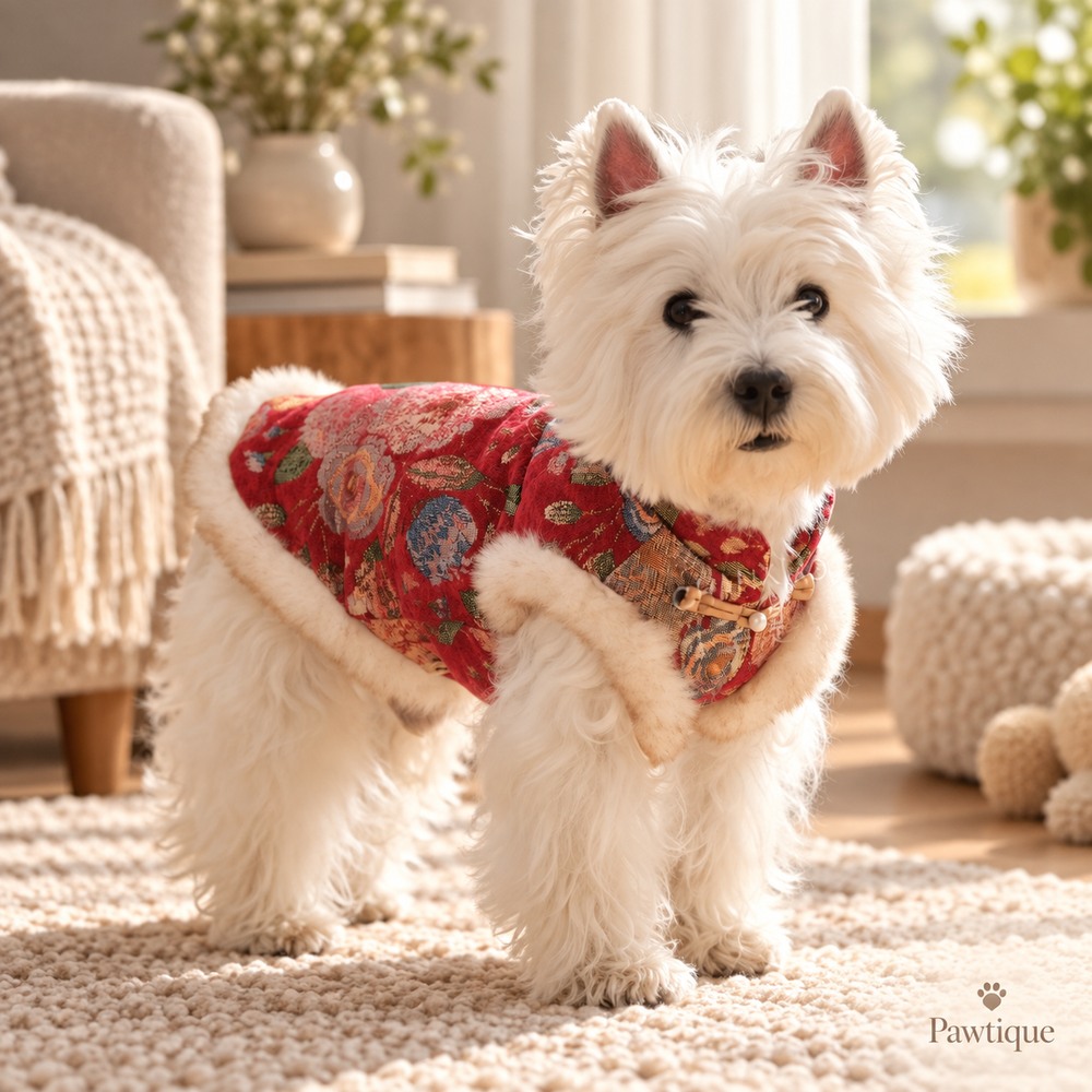 Westie wearing Pawtique floral brocade vest
