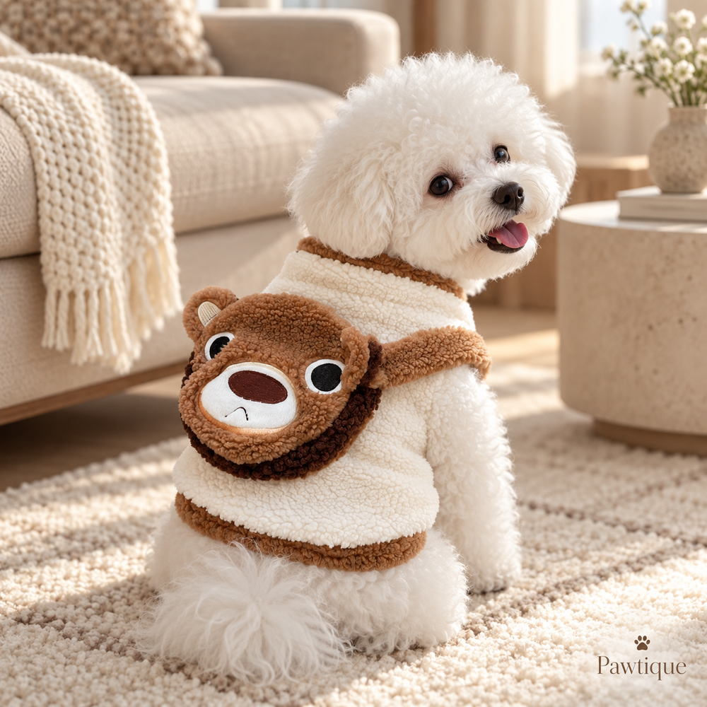 Small dog wearing Pawtique BearPouch fleece vest