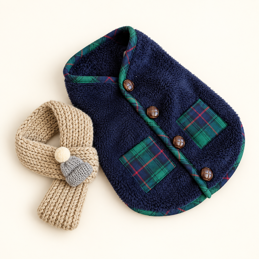 Pawtique plaid sherpa dog vest and beige scarf set in navy