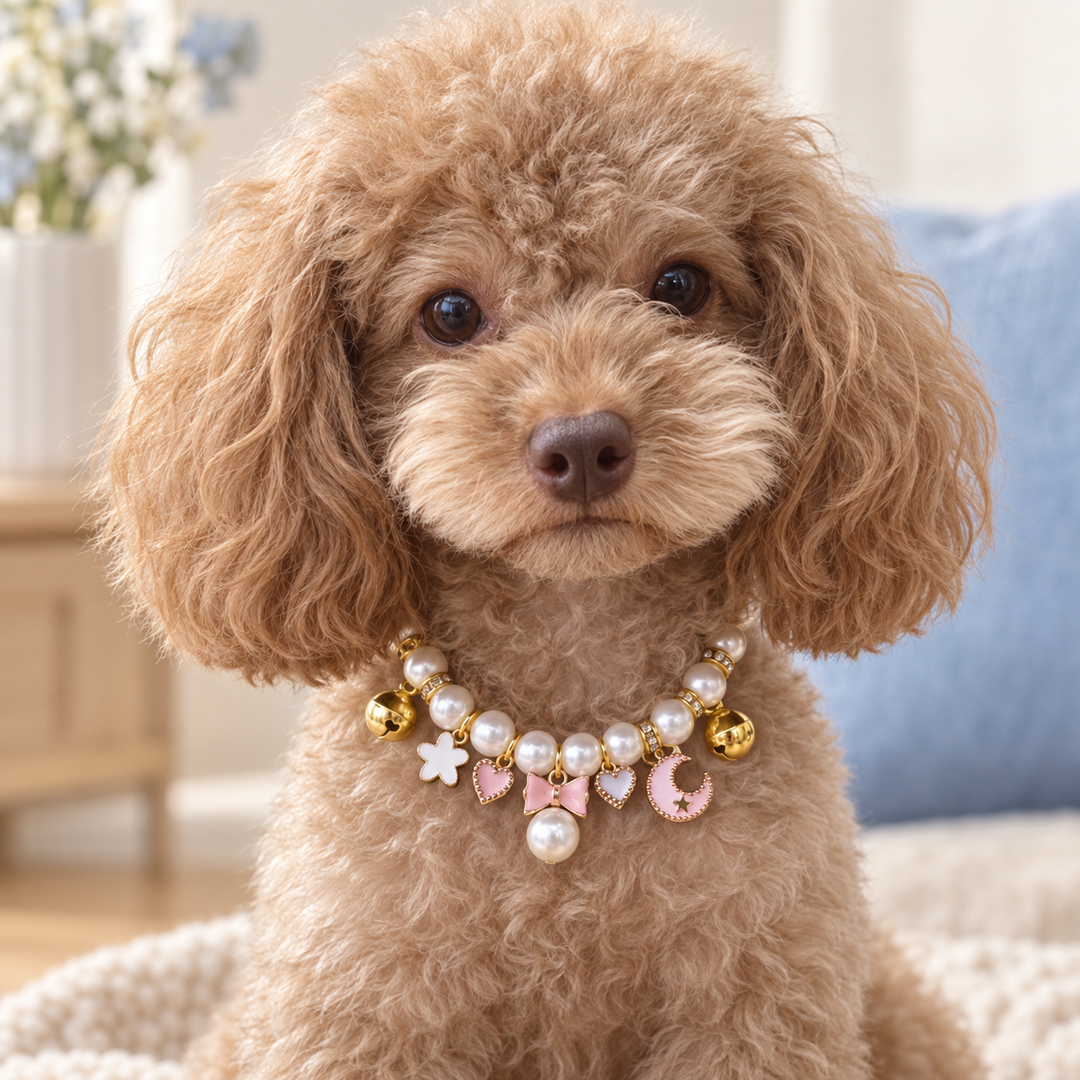 Small poodle wearing the Pawtique Moonbow pearl charm pet necklace