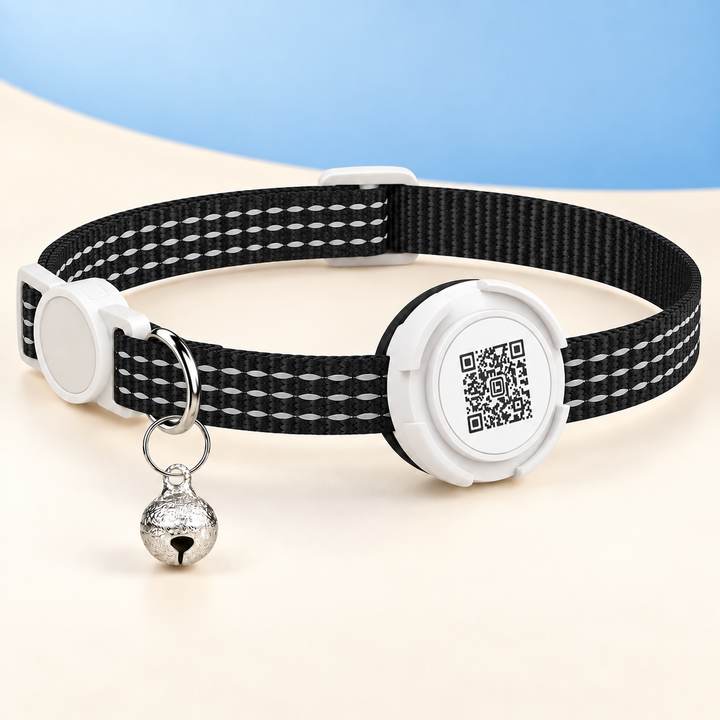 Black Pawtique FindMe reflective AirTag-compatible QR breakaway cat collar