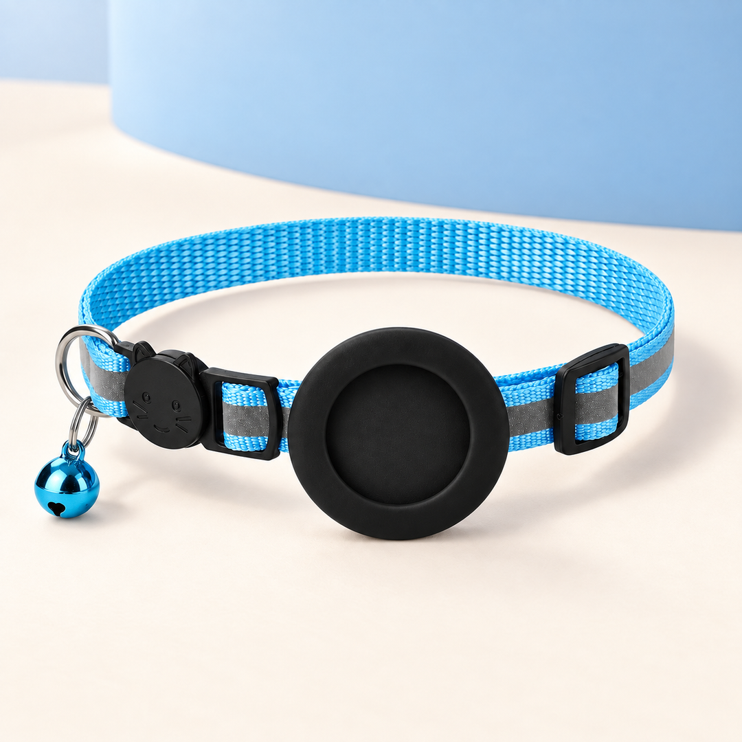 Blue Pawtique reflective breakaway cat collar with empty AirTag-compatible holder and bell