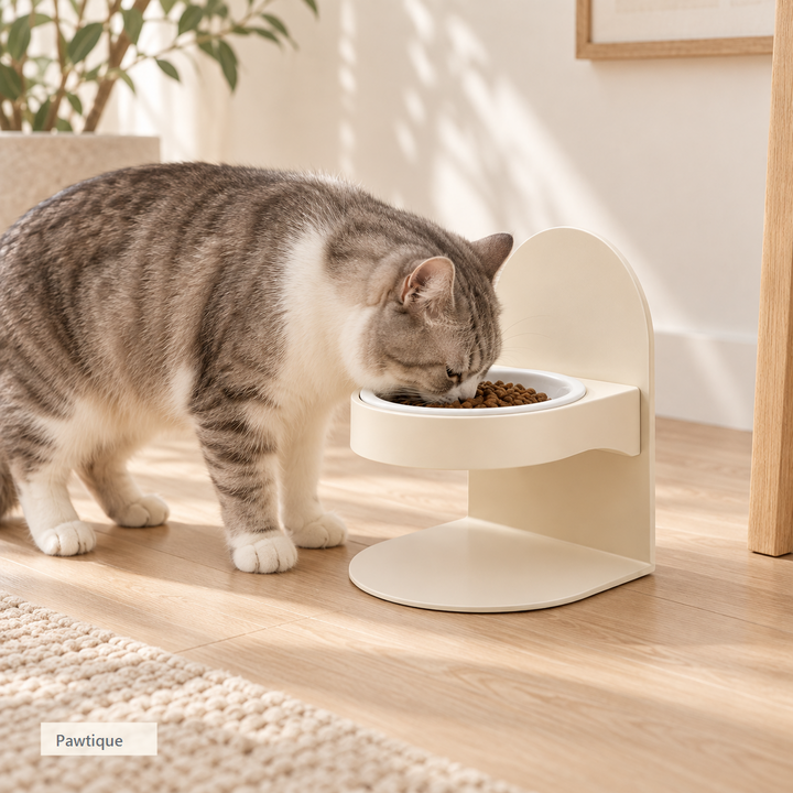 Cat eating from the Pawtique FlexDine elevated ceramic bowl