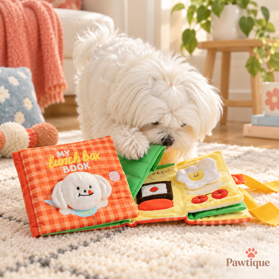 Dog exploring Pawtique SniffBook treat-hiding activity toy