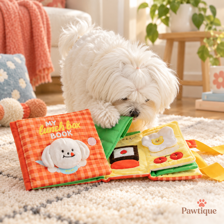 Dog exploring Pawtique SniffBook treat-hiding activity toy