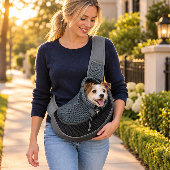 Pet parent carrying a small dog in the Pawtique CloseNest sling on a neighborhood walk