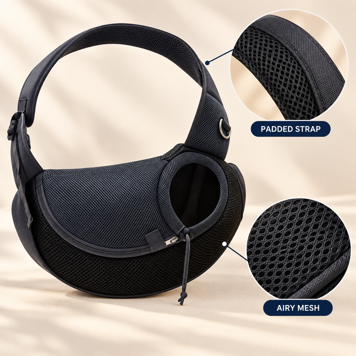 Breathable mesh and padded shoulder strap details of the Pawtique CloseNest sling