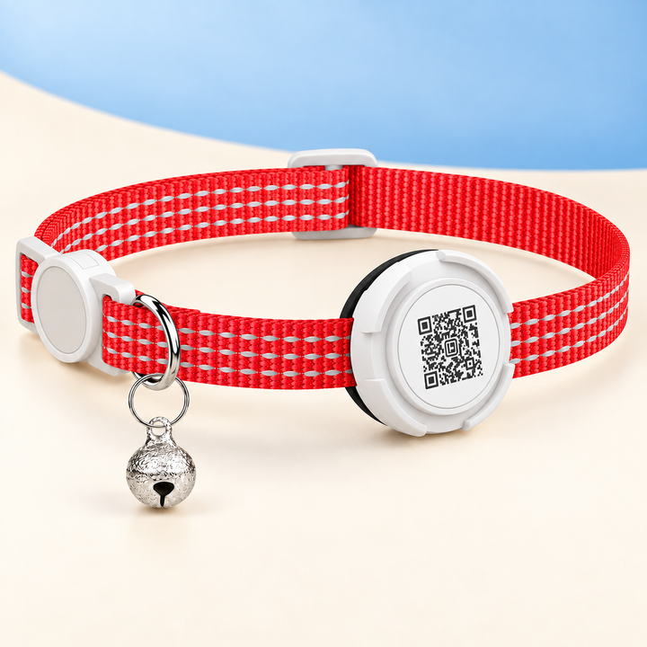 Red Pawtique FindMe reflective AirTag-compatible QR breakaway cat collar