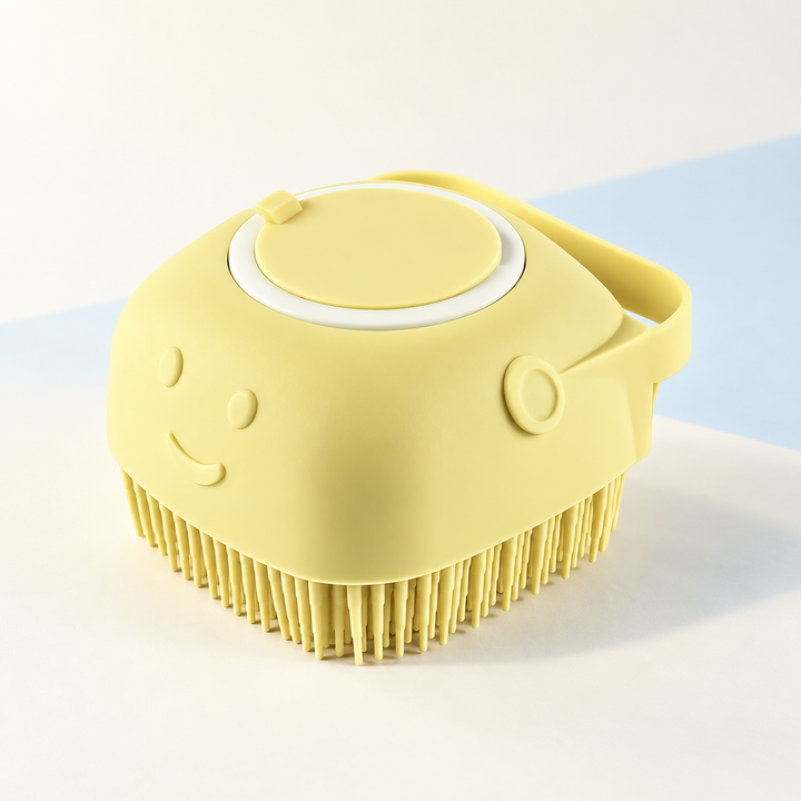 Soft Yellow Pawtique LatherPal shampoo-dispensing pet bath brush