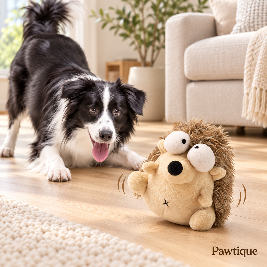 Dog playing indoors with Pawtique WobblePals Hedgehog toy
