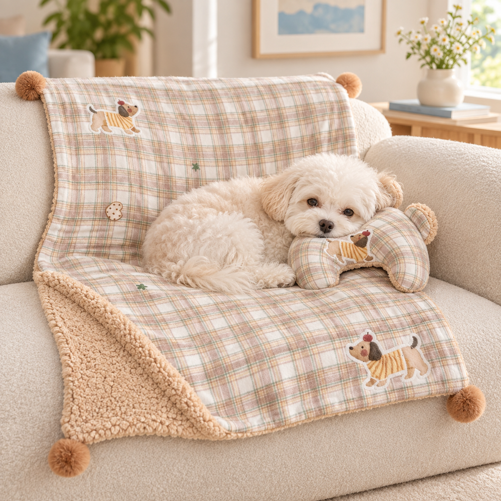 Small cream dog resting on Pawtique CloudNest reversible blanket and U-shaped pillow