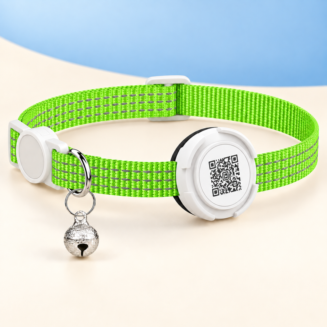 Lime Green Pawtique FindMe reflective AirTag-compatible QR breakaway cat collar