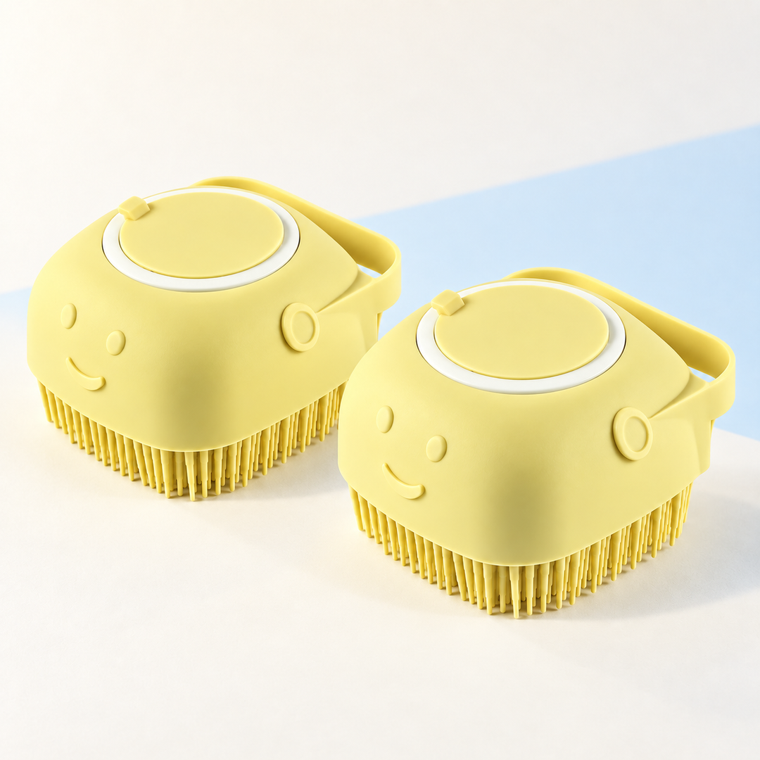 Two Soft Yellow shampoo-dispensing pet bath brushes