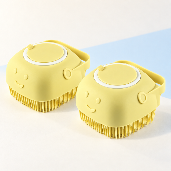 Two Soft Yellow shampoo-dispensing pet bath brushes