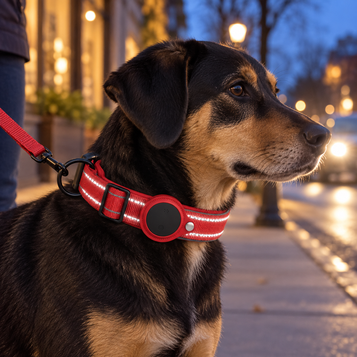 Reflective rows on the red Pawtique TraceTag collar during an evening walk