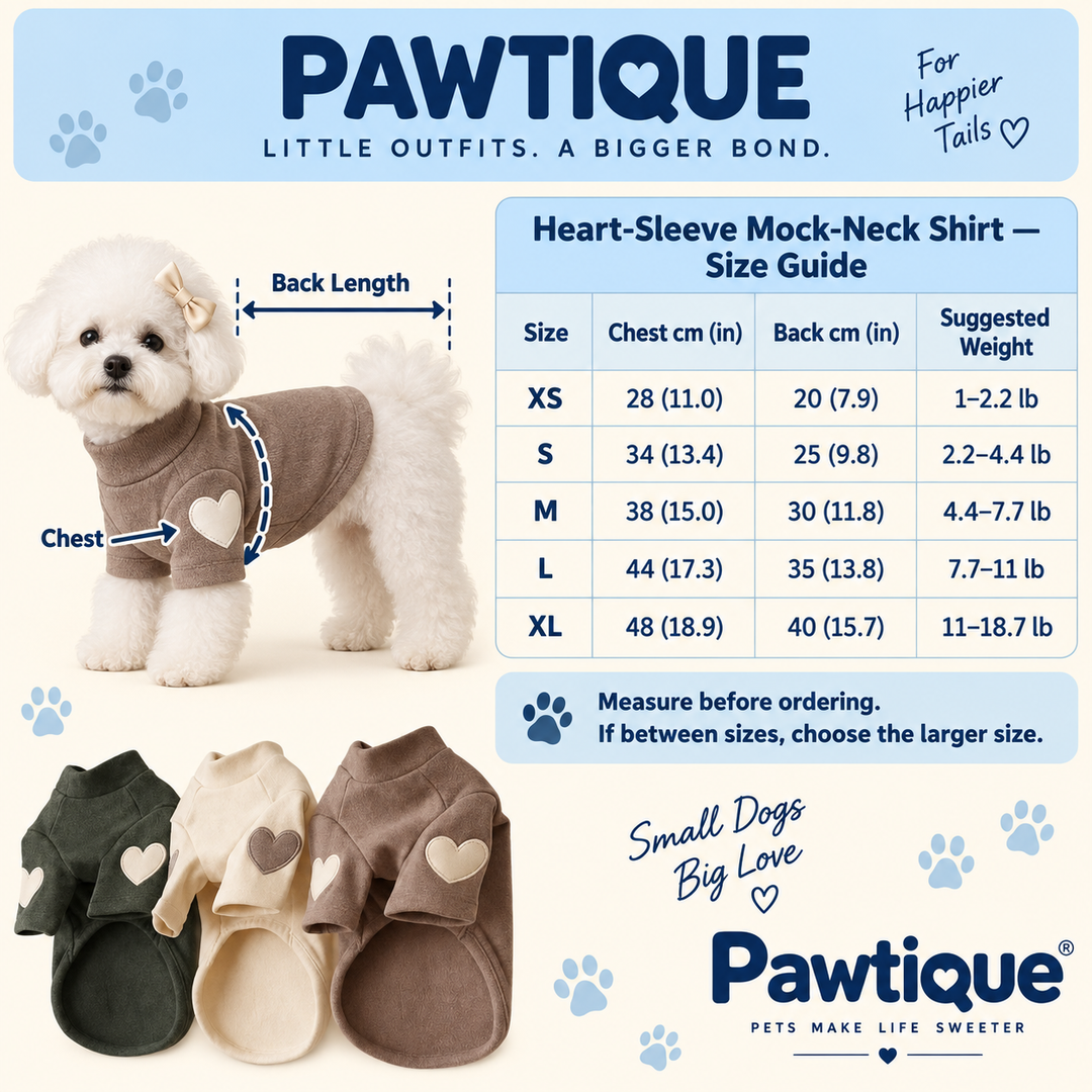 Pawtique HeartSleeve dog shirt size guide