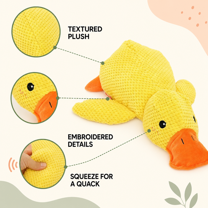 Quacking Duck Plush Dog Toy textured plush embroidered details and squeeze-to-quack feature