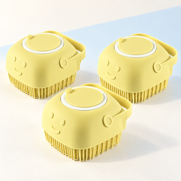 Three Soft Yellow shampoo-dispensing pet bath brushes