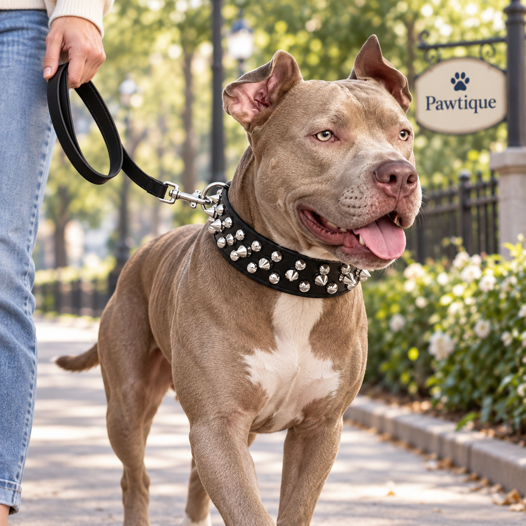 Dog wearing the black Pawtique RivetEdge collar on a supervised walk