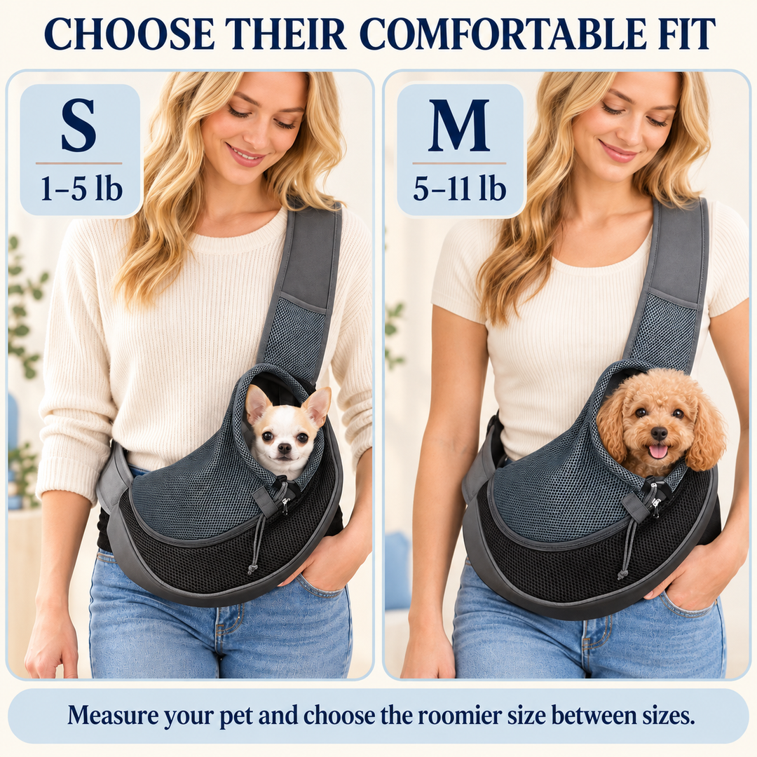 Pawtique CloseNest pet sling size guide for S 1 to 5 lb and M 5 to 11 lb