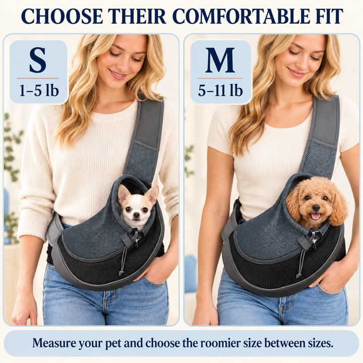Pawtique CloseNest pet sling size guide for S 1 to 5 lb and M 5 to 11 lb