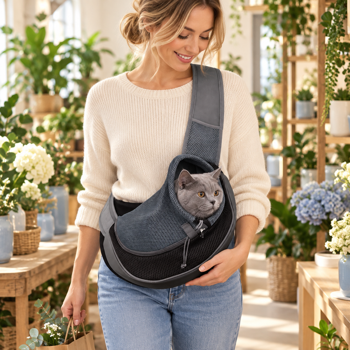 Pet parent carrying a small cat in the Pawtique CloseNest sling while shopping
