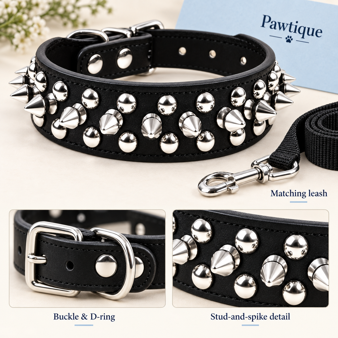 Pawtique RivetEdge buckle D-ring stud spike and matching leash details