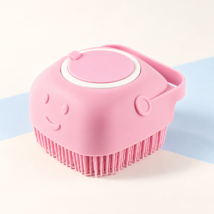 Blush Pink Pawtique LatherPal shampoo-dispensing pet bath brush