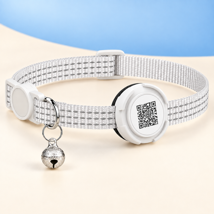 White Pawtique FindMe reflective AirTag-compatible QR breakaway cat collar