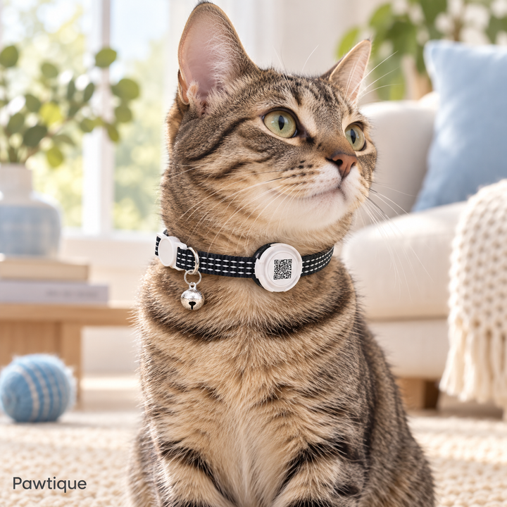 Tabby cat wearing the black Pawtique FindMe collar at home