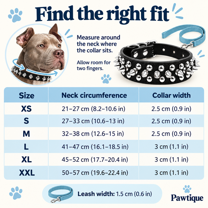 Pawtique RivetEdge dog collar neck measurement and size guide