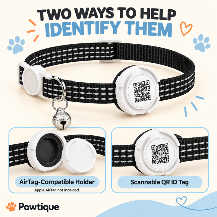 AirTag-compatible holder and scannable QR ID features of the Pawtique FindMe collar