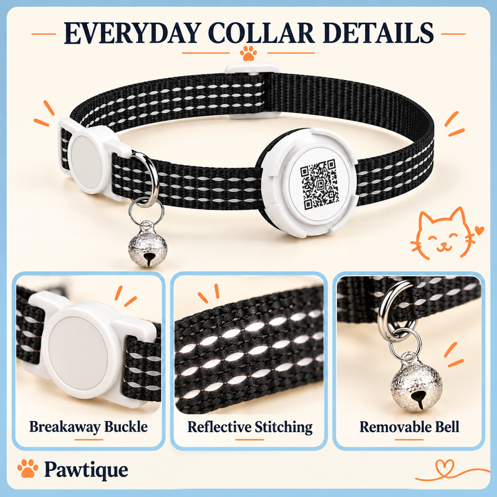 Breakaway buckle reflective stitching and removable bell details