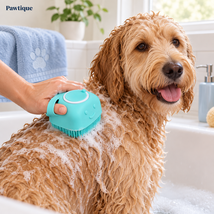 Aqua Blue pet bath brush used with a secure hand grip on a dog&