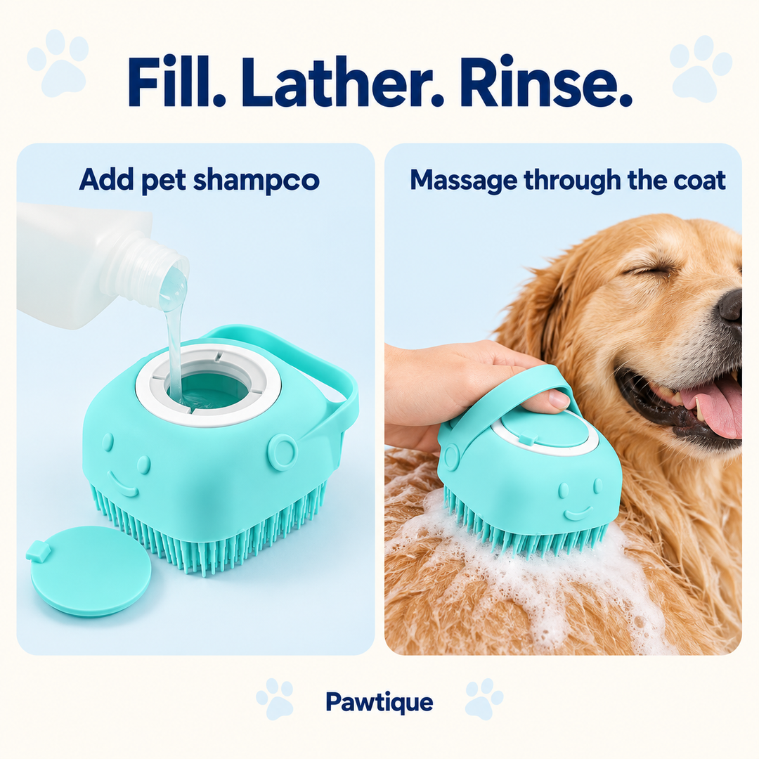 How to fill the bath brush with pet shampoo and massage it through the coat